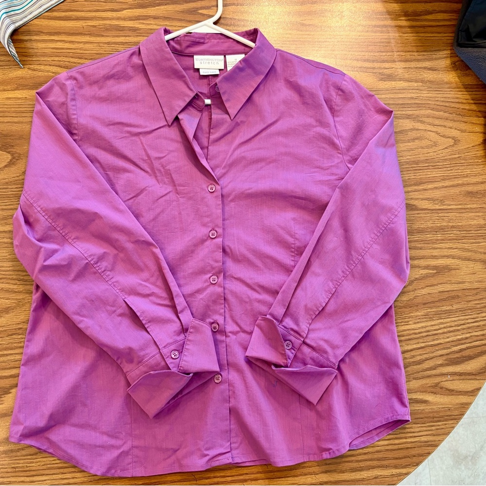 Worthington Stretch EASY CARE Long Sleeve Button-Down Purple Shirt, Size 18